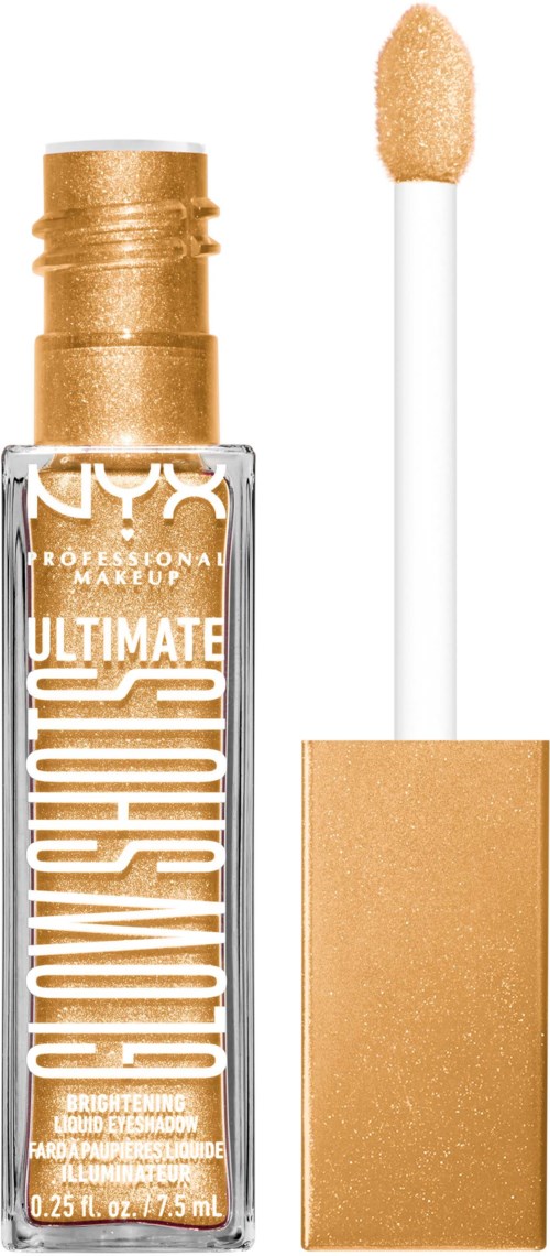 Lippenstift mit goldener Kappe und Applikator, beschriftet NYX Ultimate Shine, in einer klaren Flasche.