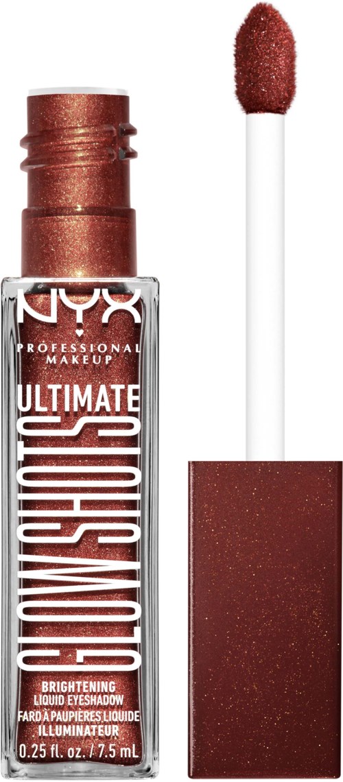 Lippenstift mit schimmernder brauner Farbe und Applikator daneben.