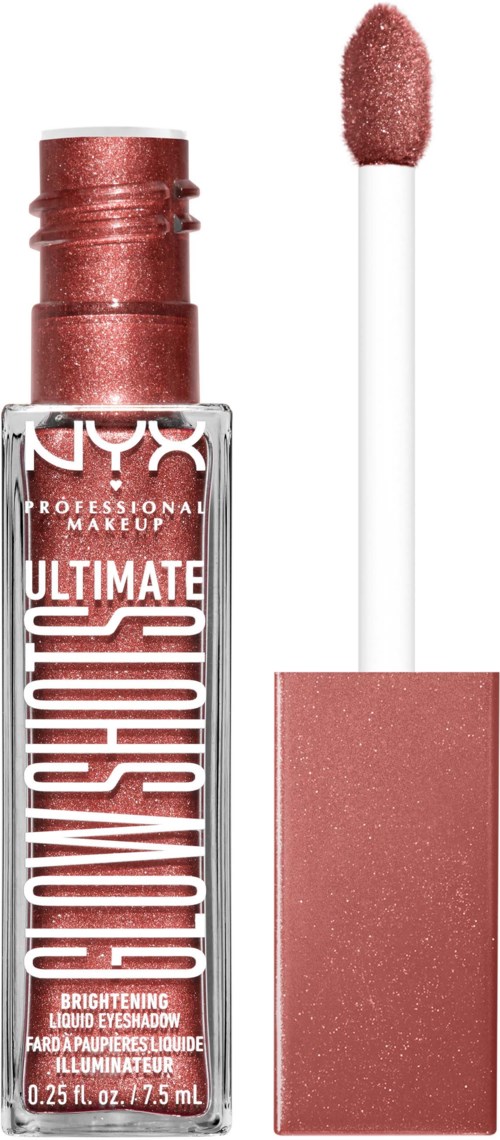 NYX Ultimate Shimmer flüssiger Lidschatten in rosa Farbton mit Applikator daneben, zeigt den schimmernden Inhalt.