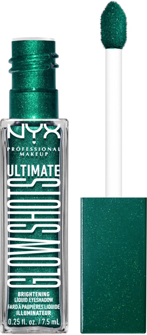 Ein grüner Lippenstift mit Applikatorbürste, gekennzeichnet NYX Ultimate Shine Brightening Liquid Eyeshadow mit Glitzer.