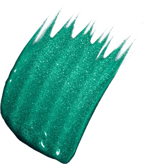 Ein grüner glitzernder Nagellackstrich mit gezackten Kanten auf weißem Hintergrund.