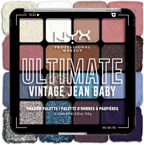 Make-up palette met diverse kleurrijke tinten, getiteld "Ultimate Vintage Jean Baby," inclusief oogschaduw en blushes.