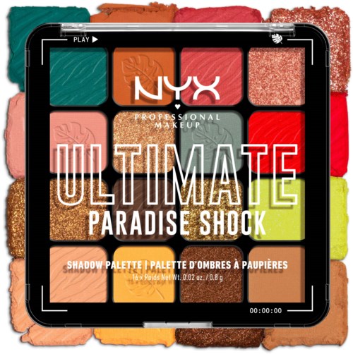 A makeup palette with various colors and shades, labeled 'NYX Professional Makeup Ultimate Paradise Shock' in the center.