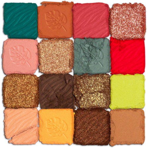 A colorful selection of decorated square desserts, some with shiny or textured surfaces, arranged in four rows.