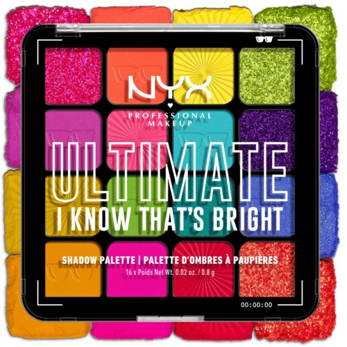 Colorful makeup palette with various shades in small blocks, with the brand NYX and product details in the center.