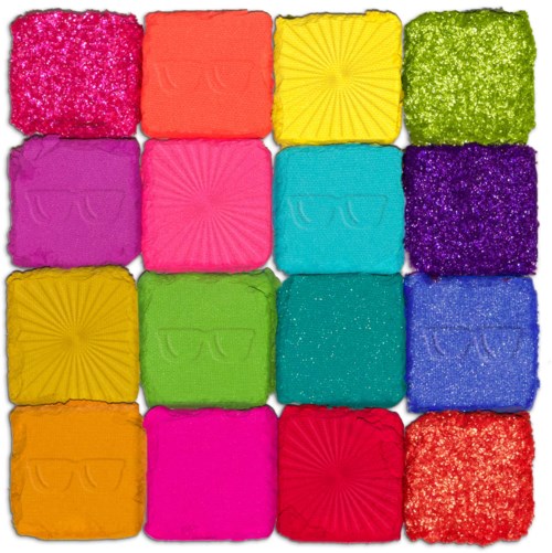 Colorful square sponges arranged in a 4x4 grid with different textures and bright colors.