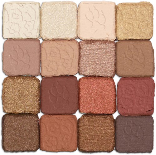 Een palette met 16 oogschaduwen in verschillende tinten, van licht tot donker, met glanzende en matte afwerkingen.
