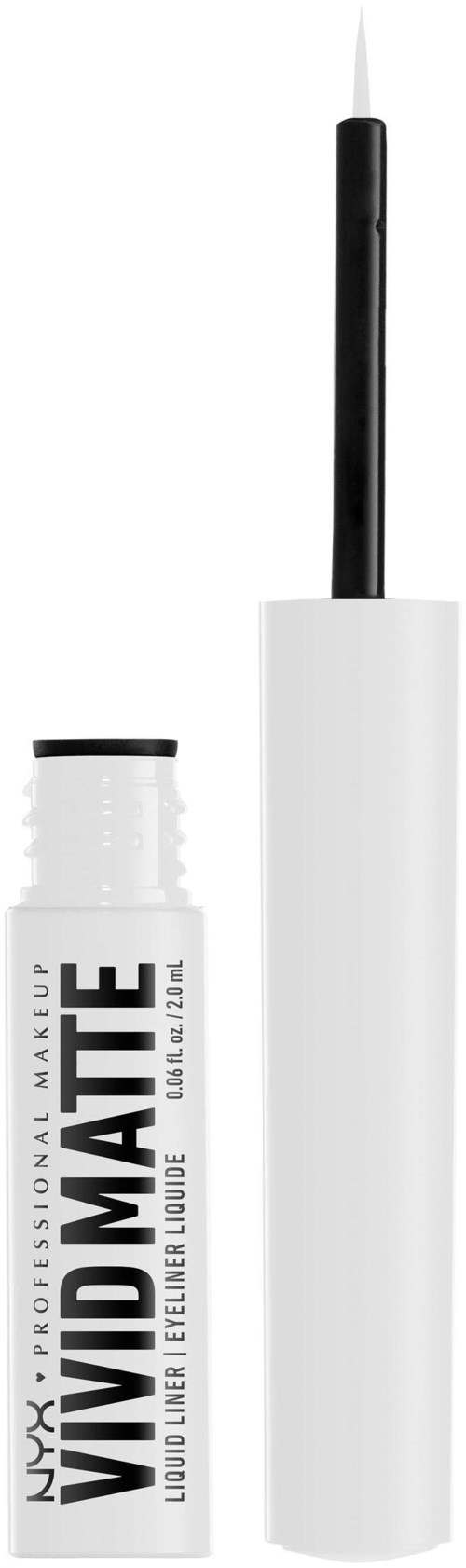 En vit läppglansetub med svart applicatör och öppnat lock, märkt "LIP VIVID MATTE."