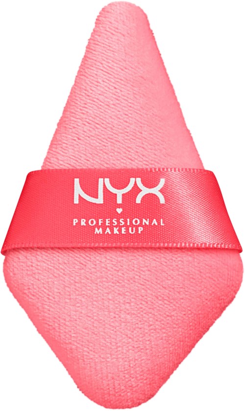 A pink beauty sponge with a red band that says 'NYX PROFESSIONAL MAKEUP' around its middle.