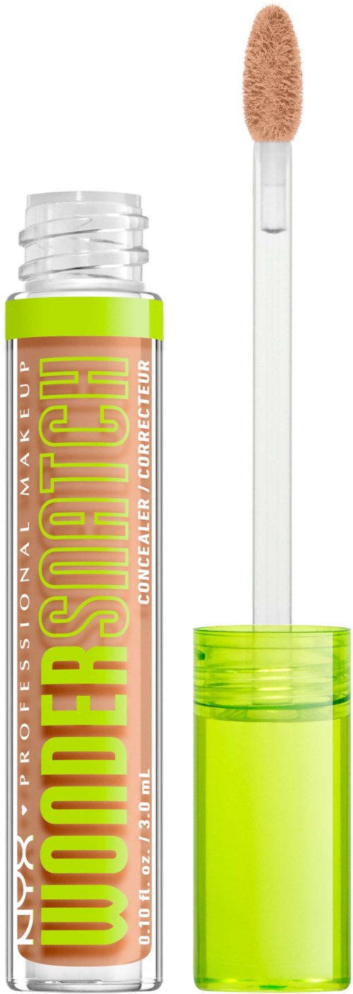Läppglansrör med orange lock och limegrönt skaft, innehåller klart gloss med ljusbrun applikator.