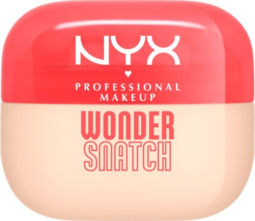 A round container with a pink lid and beige base. It is a NYX Professional Makeup Wonder Snatch product.
