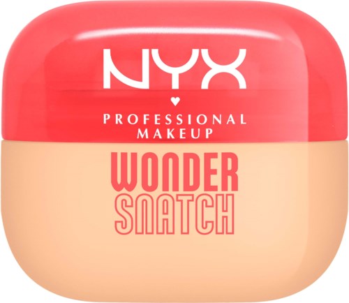 Ein Behälter mit rosa Deckel und beigem Körper, gekennzeichnet 'NYX Wonder Snatch' für Make-up.