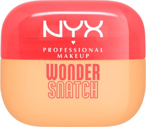 A round container with a coral pink lid and a beige body, labeled 'NYX PROFESSIONAL MAKEUP WONDER SNATCH.'