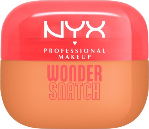 A small round container with pink lid and orange base, labeled 'NYX Professional Makeup Wonder Snatch.'