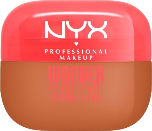 A pink and brown cosmetic container labeled NYX Wonder Scrub. It is for makeup and skincare.