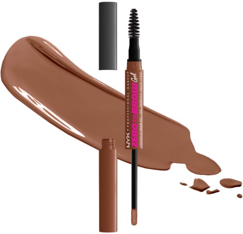 Ein brauner Lippenstift mit schwarzen Applikator und pinkem Etikett, gezeigt mit Farbbalken.