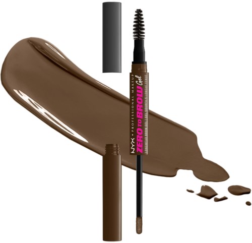 Braune Mascara-Bürste mit großem Bürstenkopf und einem Schuss brauner Mascara. Mascara ist von NYX Zéro to Zero.
