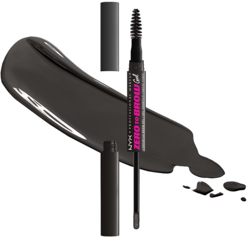 Eine schwarze Wimperntusche mit pinkem und weißem Text, offener Bürste, und schwarze Flüssigkeit auf Oberfläche.