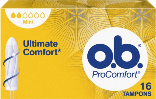 Eine gelbe Schachtel mit o.b. ProComfort Tampons, 16 Stück, mit Logo, Produktname und Mini-Saugfähigkeit.