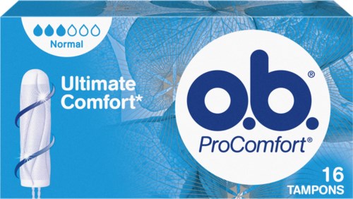 Eine Packung mit 16 Tampons namens o.b. ProComfort, blauer Design und Größe für normalen Fluss.