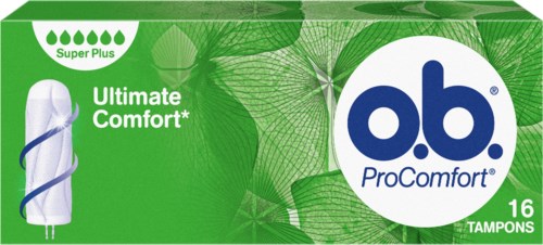 Eine Schachtel mit 16 o.b. ProComfort Tampons, grüne Verpackung, mit Baumwoll- und blauer Spirale, mit der Aufschrift "Ultimate Comfort".