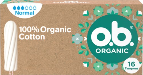 Bio-Baumwoll-Tampons in einem natürlichen braunen Karton, mit blau-weißem Logo, 16 Tampons.