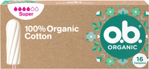 Packung mit 16 Bio-Baumwolltampons mit biologisch abbaubarer Applikator, gekennzeichnet als super saugfähig.