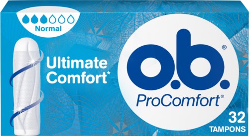 Eine Schachtel mit 32 Tampons, gekennzeichnet 'Ultimate Comfort' mit blauem Design und einer kleinen Abbildung eines Tampons.