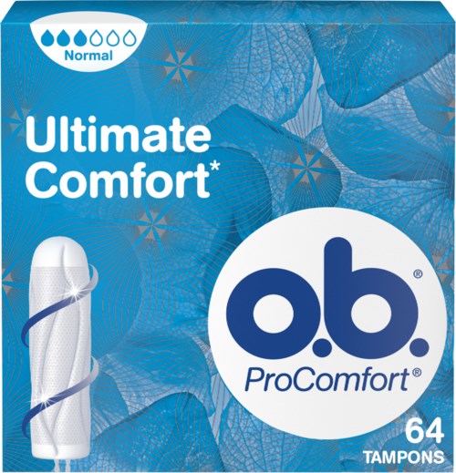 Eine Schachtel o.b. ProComfort Tampons mit blauer Verpackung, 64 Stück, und Markenname in großer Schrift.
