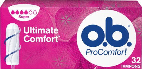Pinkki paketti ob. tamponeja, 32 kappaletta, nimeltä 'Ultimate Comfort' ja 'Super' runsasta vuotoa varten.