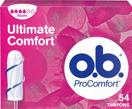 Pink package of o.b. ProComfort tampons with 54 count, labeled as super absorbency, featuring an illustration of a tampon.