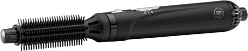 A black heated brush with a handle, bristles at one end, used for styling hair.