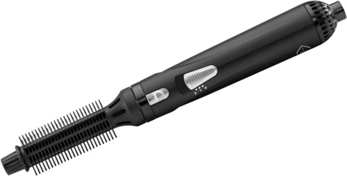 A black hair curling device with buttons and a round brush attachment for styling hair.