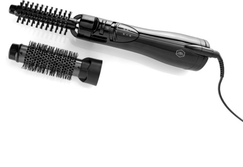 A black hairdresser's tool with two round brush attachments and a power cord.