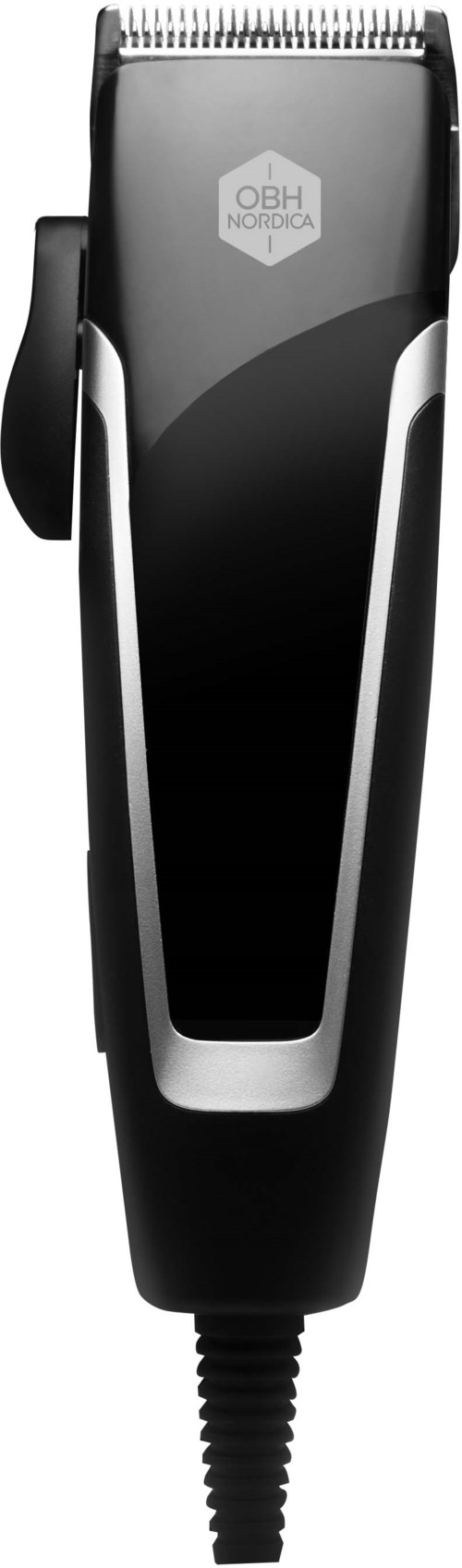 A black and silver hair clipper with a logo and a cord at the bottom.