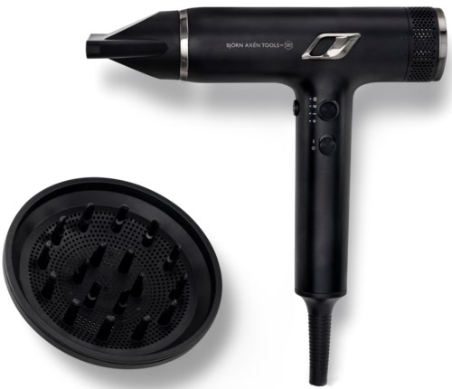 A black hairdryer with a diffuser attachment, brand name Björn Axén Tools, and various control buttons.