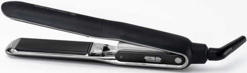 A flat iron with a black handle and a silver body, used for straightening hair.