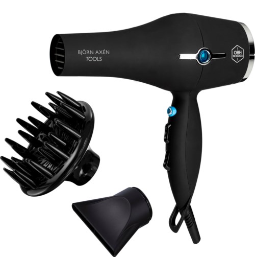 A black hair dryer with blue buttons and a diffuser attachment, labeled "BJÖRN AXÉN TOOLS."