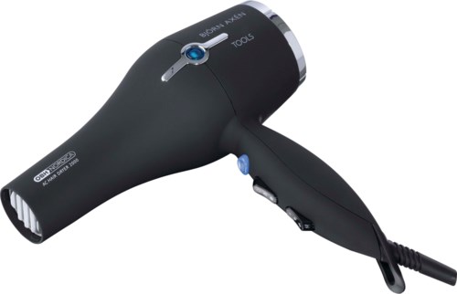 A black and blue hair dryer with a handle, buttons, and a nozzle for drying hair.