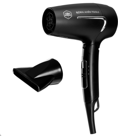 A black hair dryer with a removable concentrator nozzle, branded 'Björn Axén Tools', and simple control buttons.