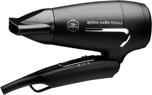 A black hair dryer with a brand logo, handle, and buttons, designed for drying hair quickly.