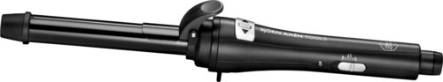 A curling iron with a black handle and a long curling barrel. It has a button and a clip to hold hair.