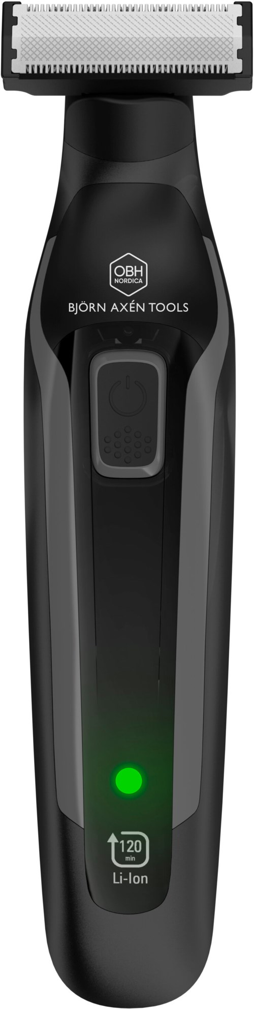 Electric shaver with a black handle, green light, and a wide blade at the top.
