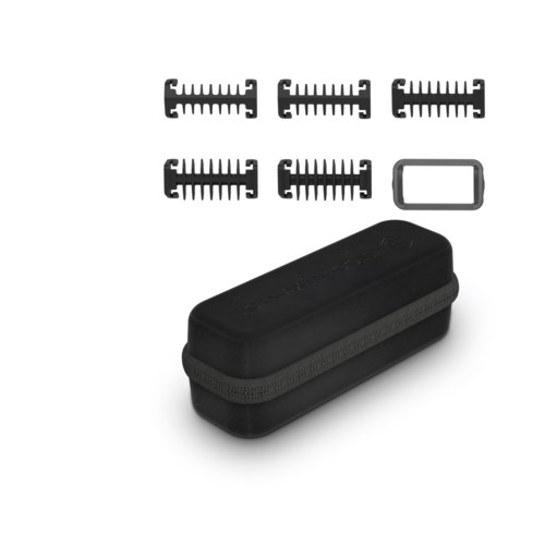 A black case with six removable razor blade parts and a small rectangular piece.