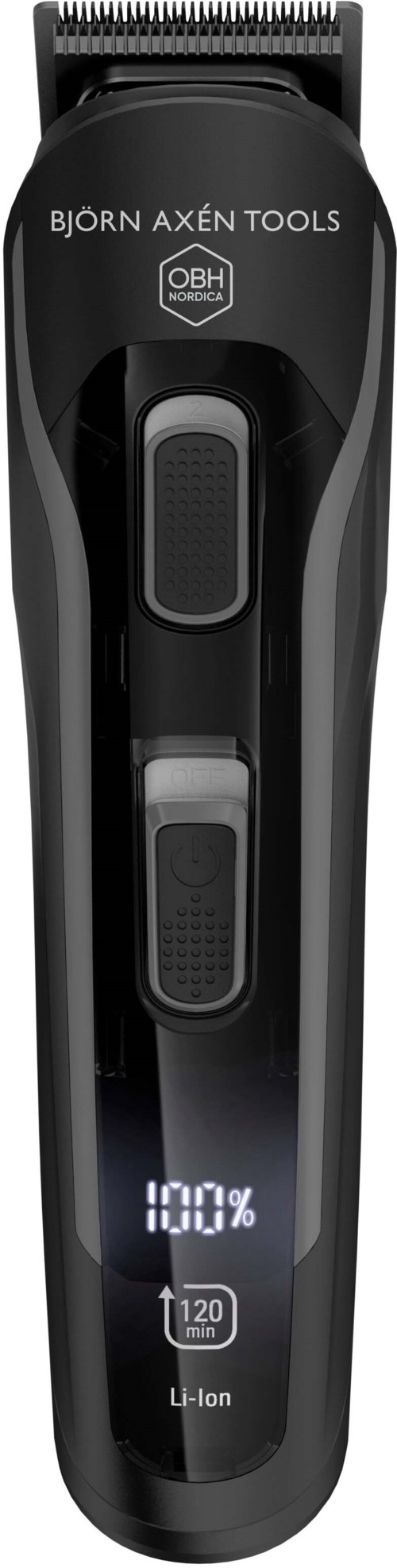 A black electric trimmer with a digital display showing 100% and battery capacity, labeled 'Björn Axén Tools'.