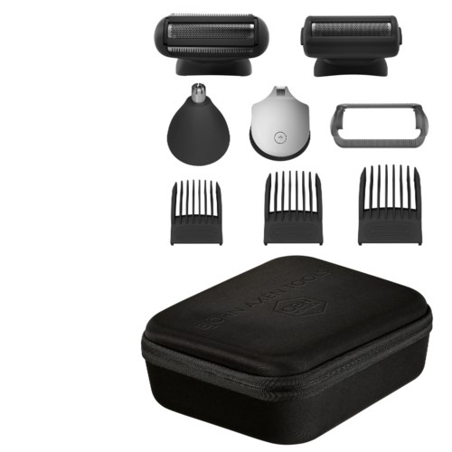 This image shows a set of grooming tools including shavers, attachments, a case, and cleaning accessories.