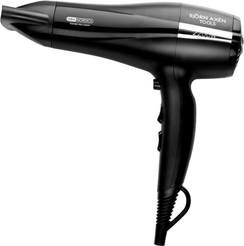 A black hair dryer with a handle, buttons, and a nozzle, labeled with brand and power details.
