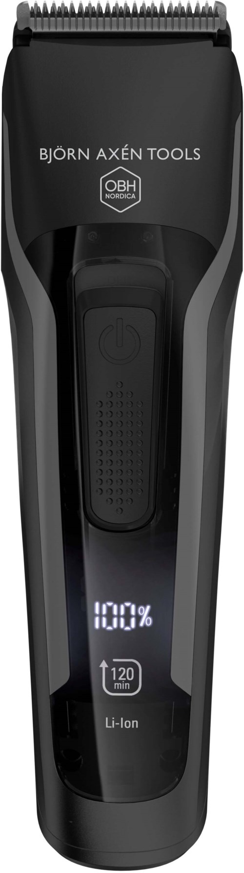 A black cordless clipper with a display showing 100% battery and 120 minutes of usage time.