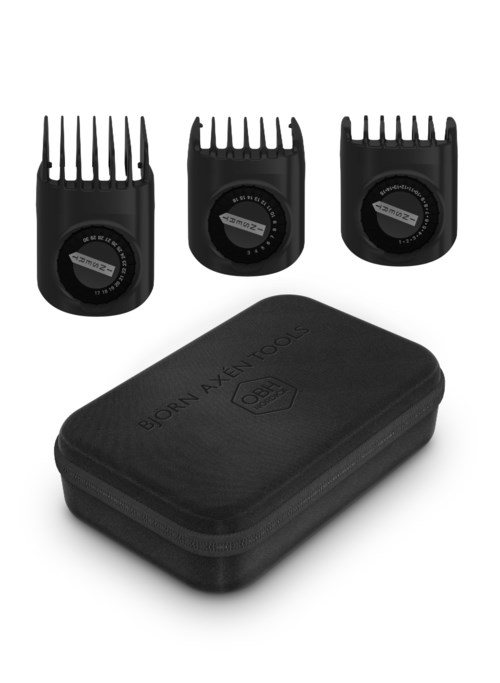 Three black hair clipper guard attachments with a black carrying case.