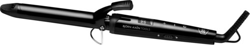 A black curling iron with a handle, clamp, and temperature control, lying on a black surface.